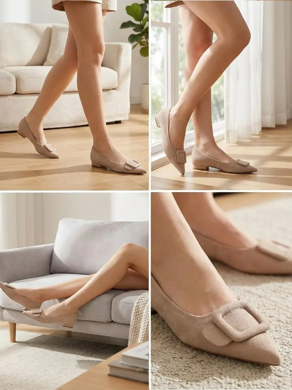 Women's Nude Rubber Pointed Toe Square Buckle Flats Slip On Comfortable Shoes